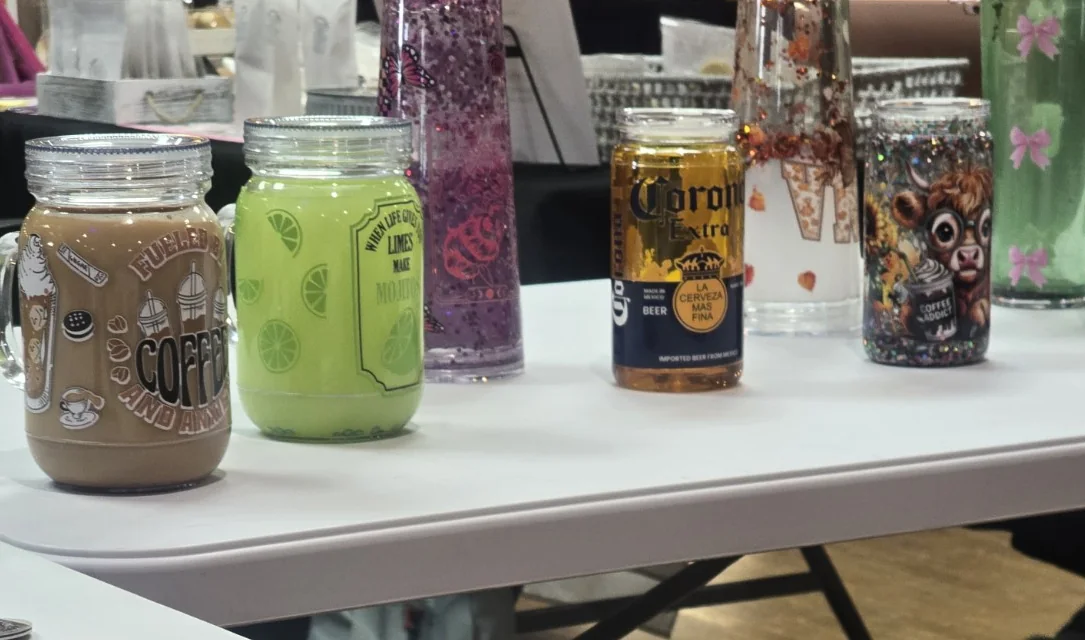 Coffee-inspired tumblers, customized can-shaped drinkware and glitter cups