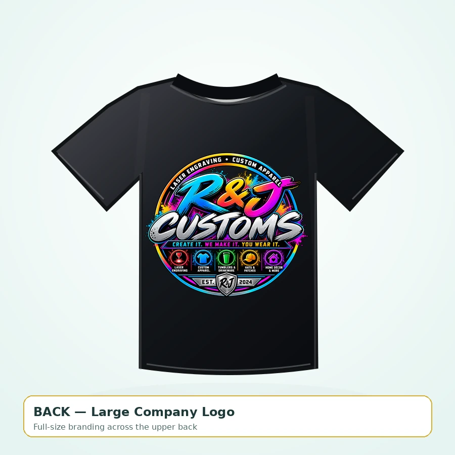 Black company T-shirt back with large actual R and J Customs logo centered on upper back