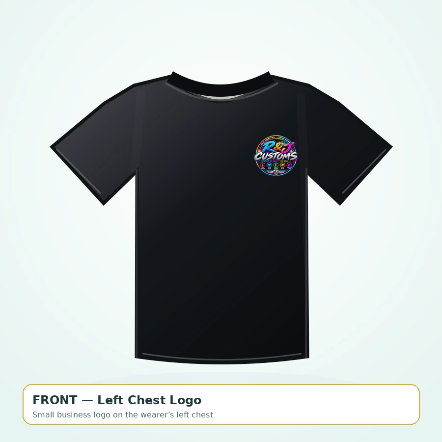 Black company T-shirt front with a small actual R and J Customs logo on wearer's left chest