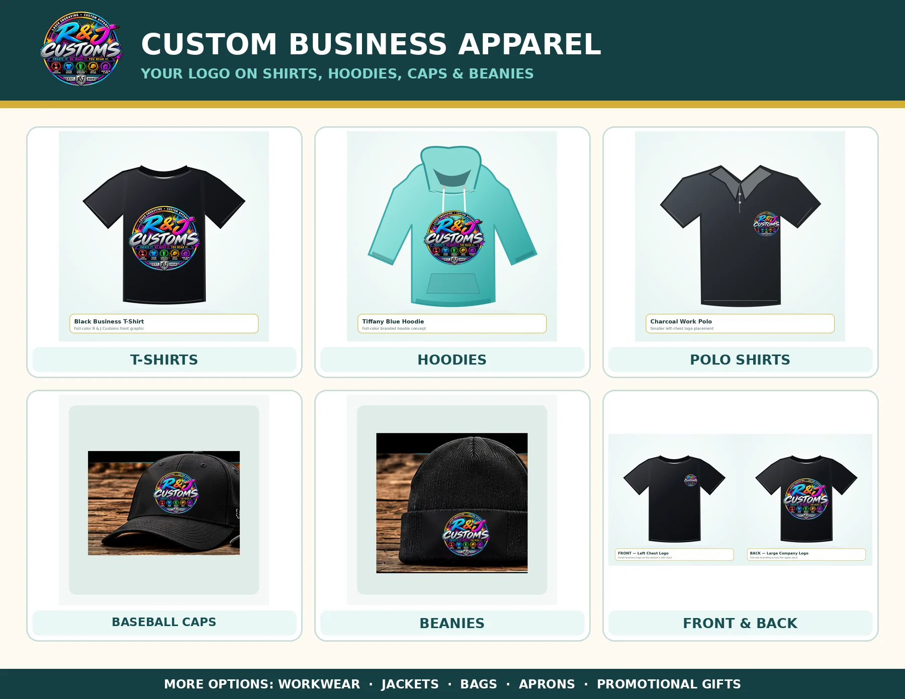 R and J Customs branded merchandise concept showing customizable business logo applications
