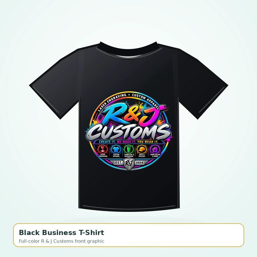 Mockup of black T-shirt with the original colorful R and J Customs logo centered on chest