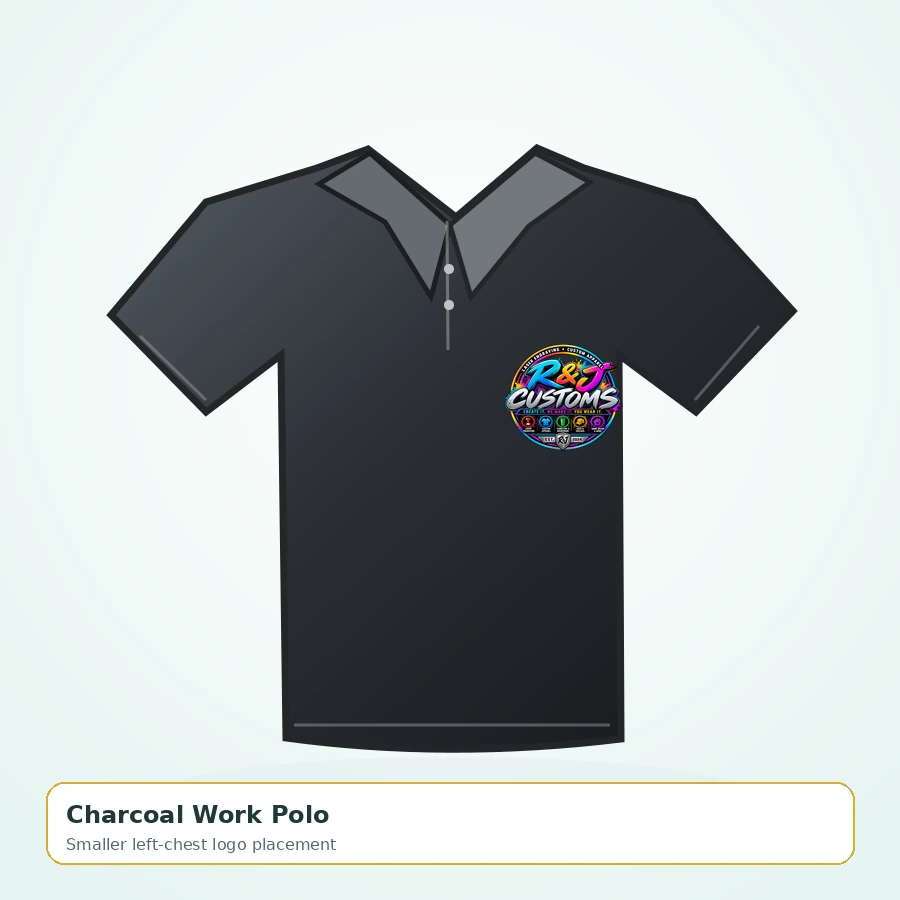 Mockup of charcoal work polo with smaller original R and J Customs chest logo