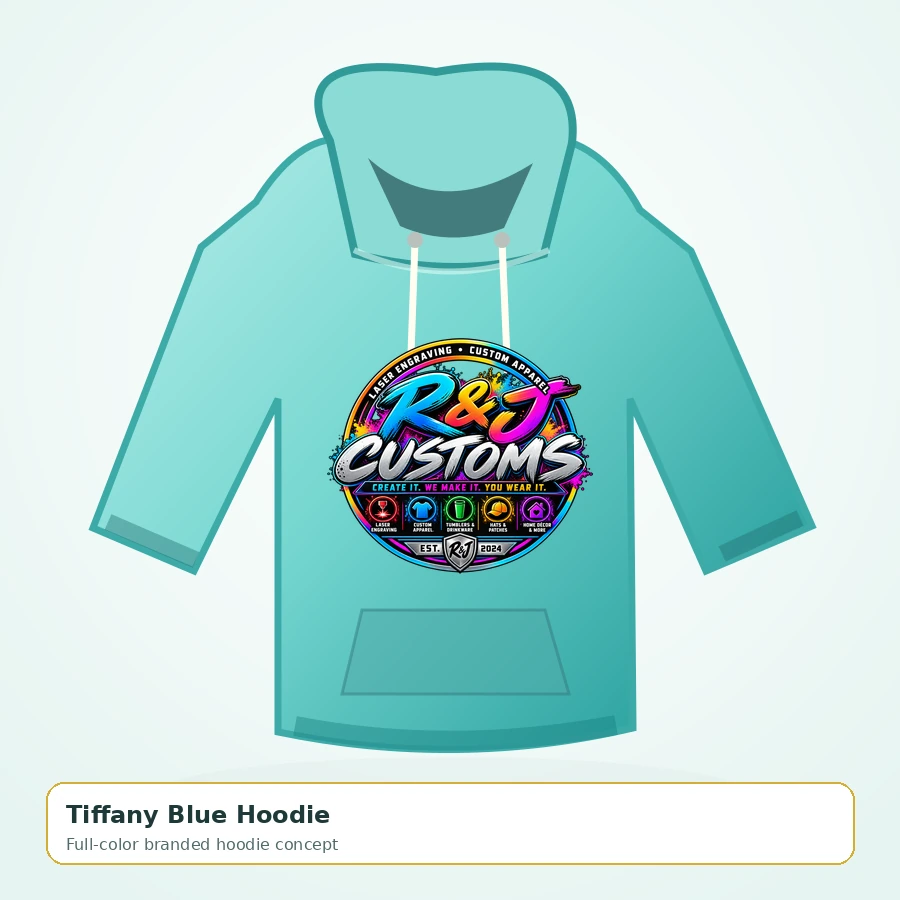 Mockup of Tiffany blue hoodie with large original colorful R and J Customs logo